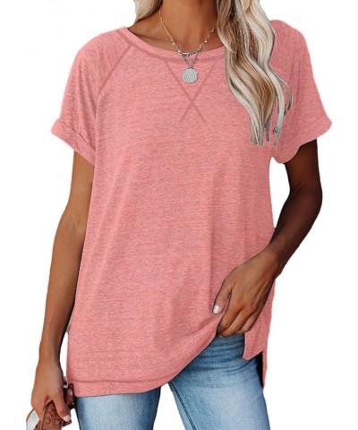 Womens Tops Crewneck Raglan Summer T Shirts Casual Short Sleeve Side Split Tee Shirts Pink $10.99 T-Shirts