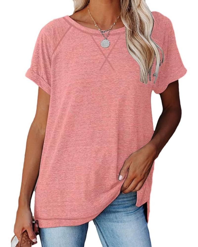 Womens Tops Crewneck Raglan Summer T Shirts Casual Short Sleeve Side Split Tee Shirts Pink $10.99 T-Shirts