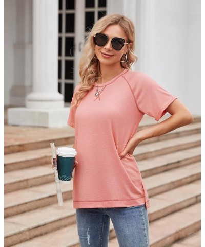 Womens Tops Crewneck Raglan Summer T Shirts Casual Short Sleeve Side Split Tee Shirts Pink $10.99 T-Shirts