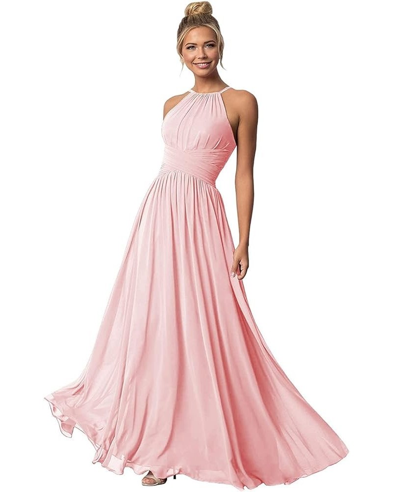 Women's Halter Bridesmaid Dresses Long Sleeveless A-line Ruched Chiffon Formal Evening Gowns for Wedding Blush Pink $18.00 Dr...