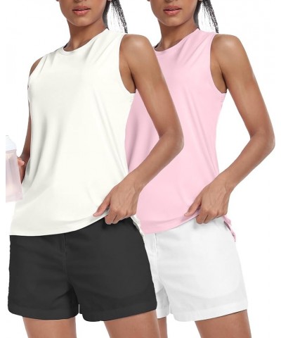 Women's Workout Athletic Running Tank Tops Loose Fit Exercise Sports Gym Muscle Shirts (Pack of 2) White+pink $17.66 Activewear