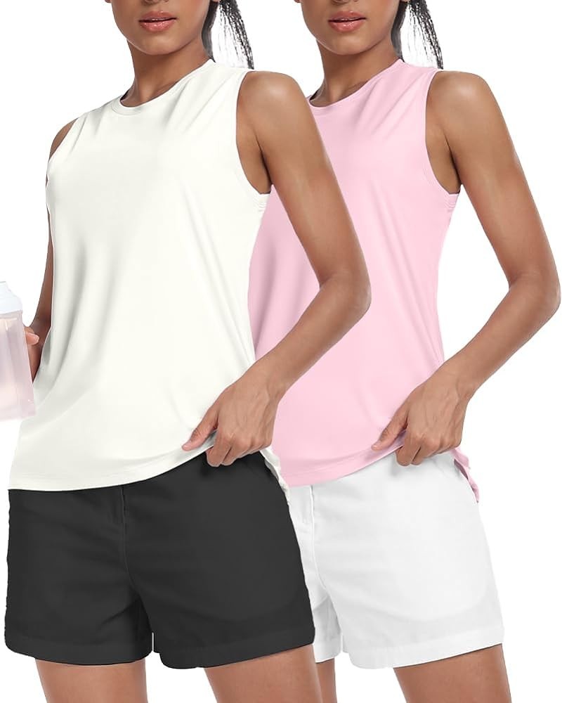 Women's Workout Athletic Running Tank Tops Loose Fit Exercise Sports Gym Muscle Shirts (Pack of 2) White+pink $17.66 Activewear