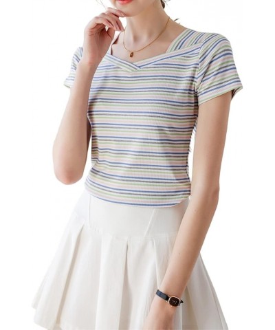 Women's Slim Fit Short Sleeve Striped T-Shirts Summer Casual Cotton Tops Green $13.51 Others