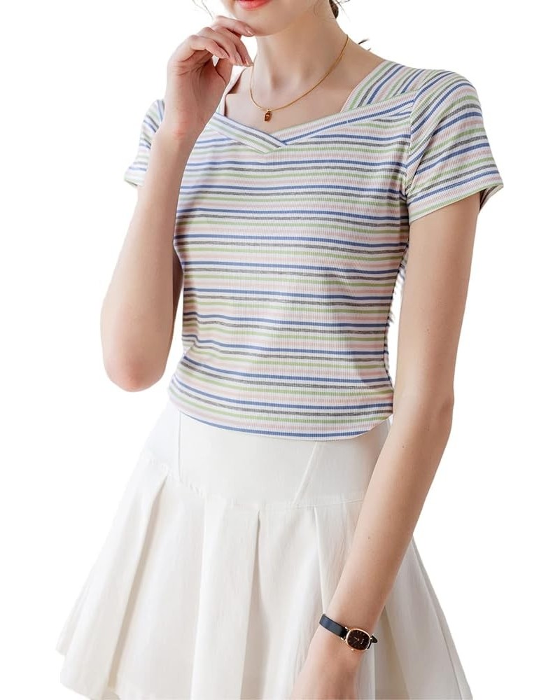 Women's Slim Fit Short Sleeve Striped T-Shirts Summer Casual Cotton Tops Green $13.51 Others