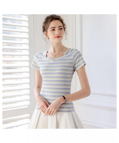 Women's Slim Fit Short Sleeve Striped T-Shirts Summer Casual Cotton Tops Green $13.51 Others