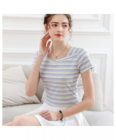 Women's Slim Fit Short Sleeve Striped T-Shirts Summer Casual Cotton Tops Green $13.51 Others