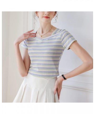 Women's Slim Fit Short Sleeve Striped T-Shirts Summer Casual Cotton Tops Green $13.51 Others