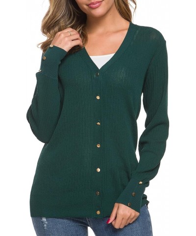 Women's Long Sleeve Soft Metallic Button Down V Neck Knit Sweater Cardigan Dark Green $10.49 Sweaters