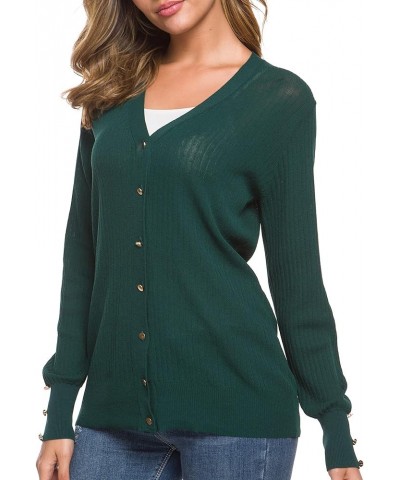 Women's Long Sleeve Soft Metallic Button Down V Neck Knit Sweater Cardigan Dark Green $10.49 Sweaters