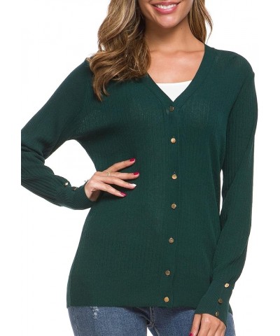 Women's Long Sleeve Soft Metallic Button Down V Neck Knit Sweater Cardigan Dark Green $10.49 Sweaters