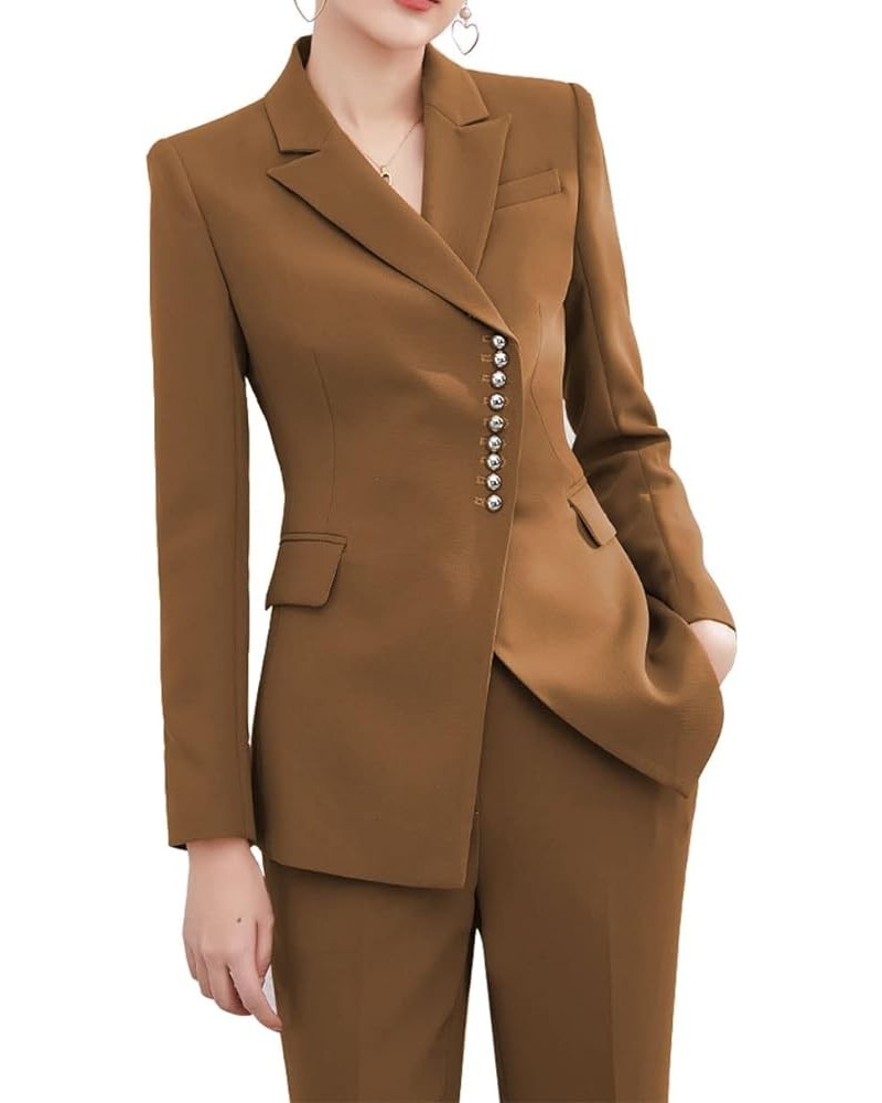 Women Suits Sets 2 Piece Slim Fit Fashion Suit with Blazer Solid Lady Elegant Office Business Jacket+Pant Brown $27.20 Suits