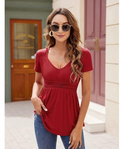 Womens V Neck Empire Waist Shirt Short Sleeve A Line Pleated Tunic Tops S-XXL Wine Red $11.27 Tops