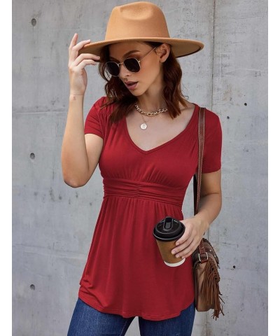 Womens V Neck Empire Waist Shirt Short Sleeve A Line Pleated Tunic Tops S-XXL Wine Red $11.27 Tops