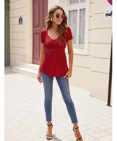 Womens V Neck Empire Waist Shirt Short Sleeve A Line Pleated Tunic Tops S-XXL Wine Red $11.27 Tops