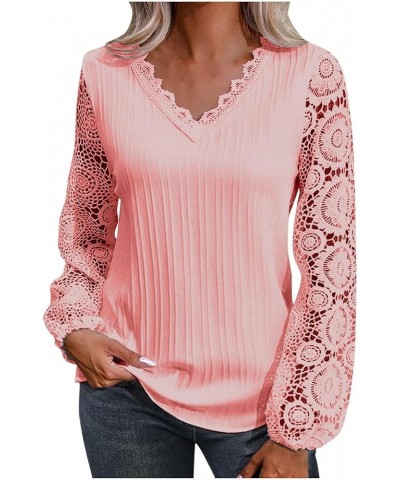 Ladies Tops Womens Long Sleeve Shirts Solid Lightweight Tshirts Lace Trim V Neck Cute Tops Pleated Flowy Blouse 04-pink $10.6...