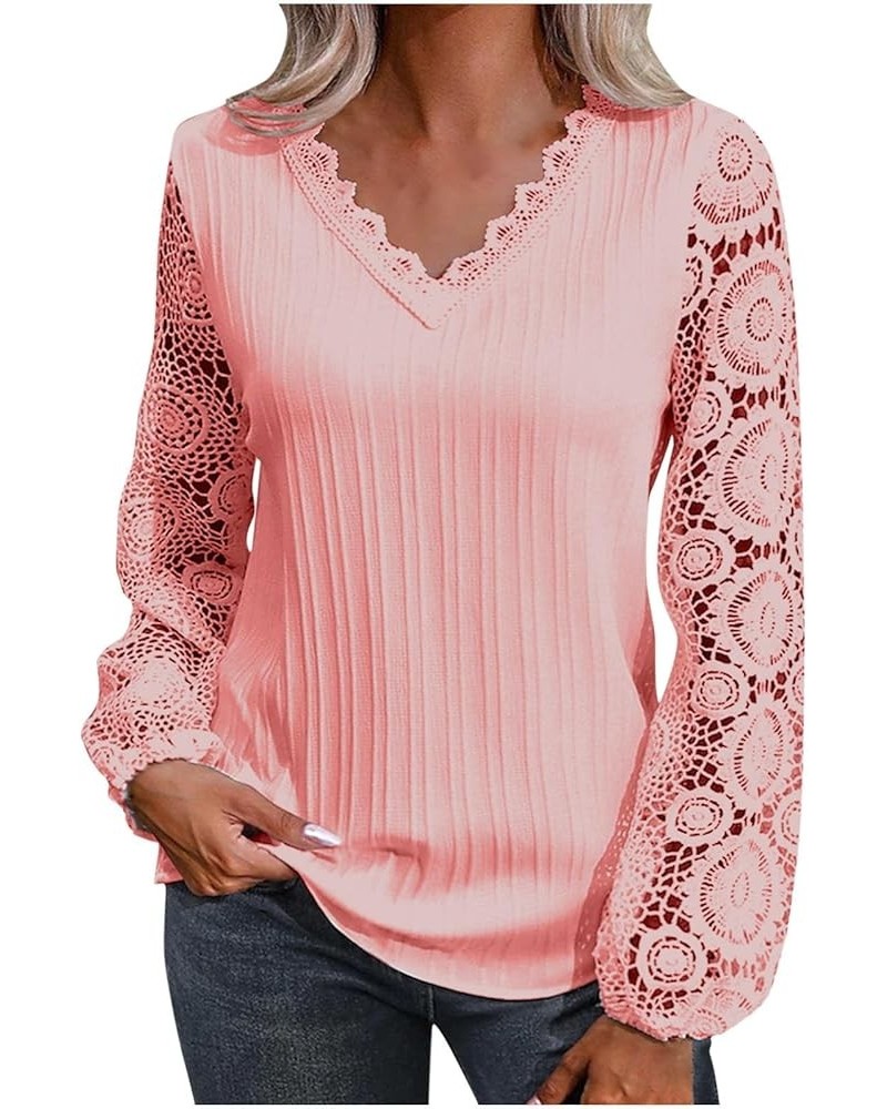 Ladies Tops Womens Long Sleeve Shirts Solid Lightweight Tshirts Lace Trim V Neck Cute Tops Pleated Flowy Blouse 04-pink $10.6...