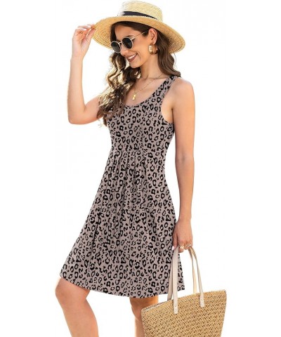 Women's Casual Summer Tank Sleeveless Knee Length Pleated Sun Dresses with Pockets 00f Leopard Khaki $13.24 Dresses