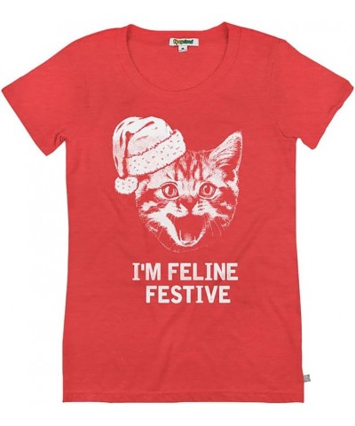 Women's Funny Christmas T Shirts - Cute Christmas Tops for Ladies Feline Festive (Red) $19.11 T-Shirts