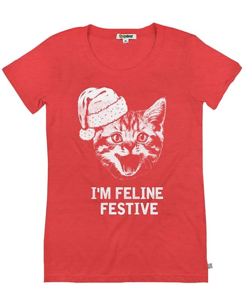 Women's Funny Christmas T Shirts - Cute Christmas Tops for Ladies Feline Festive (Red) $19.11 T-Shirts