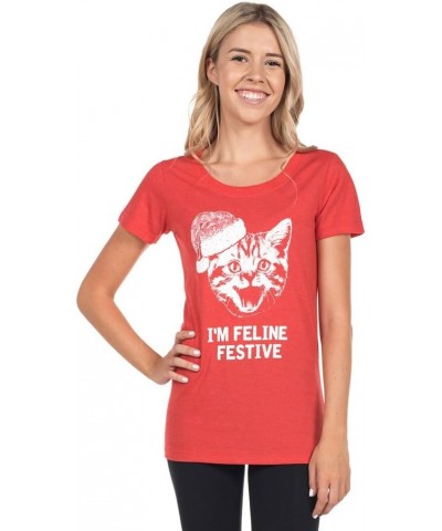 Women's Funny Christmas T Shirts - Cute Christmas Tops for Ladies Feline Festive (Red) $19.11 T-Shirts