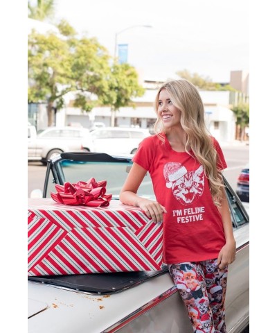 Women's Funny Christmas T Shirts - Cute Christmas Tops for Ladies Feline Festive (Red) $19.11 T-Shirts