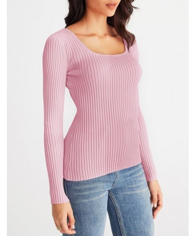 Women's 2024 Square Neck Long Sleeve T Shirts Slim Fitted Ribbed Knit Casual Tee Tops Pink $18.89 T-Shirts