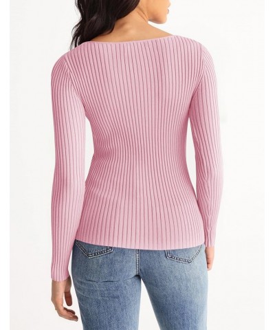 Women's 2024 Square Neck Long Sleeve T Shirts Slim Fitted Ribbed Knit Casual Tee Tops Pink $18.89 T-Shirts