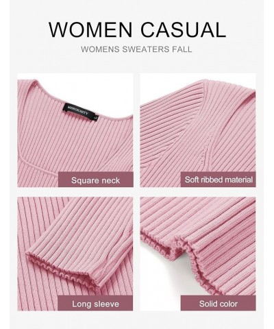 Women's 2024 Square Neck Long Sleeve T Shirts Slim Fitted Ribbed Knit Casual Tee Tops Pink $18.89 T-Shirts