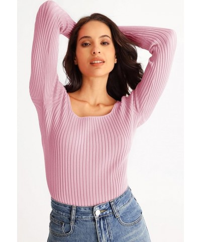 Women's 2024 Square Neck Long Sleeve T Shirts Slim Fitted Ribbed Knit Casual Tee Tops Pink $18.89 T-Shirts