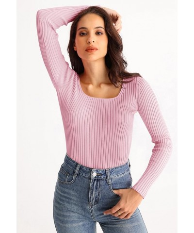 Women's 2024 Square Neck Long Sleeve T Shirts Slim Fitted Ribbed Knit Casual Tee Tops Pink $18.89 T-Shirts