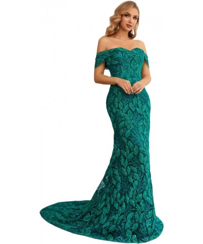 Women's Off-Shoulder Lace Applique Mermaid Formal Evening Dress Green $63.45 Dresses