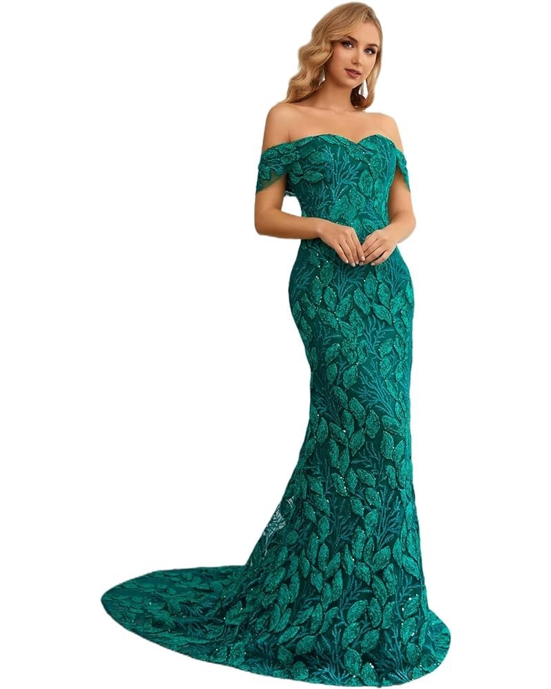 Women's Off-Shoulder Lace Applique Mermaid Formal Evening Dress Green $63.45 Dresses