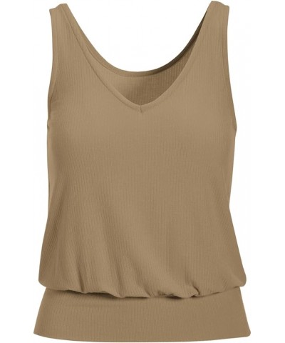 Women V Neck Tank Tops Summer Ribbed Sleeveless Casual Tops Loose Fit Banded Bottom Shirts Khaki $10.80 Tanks