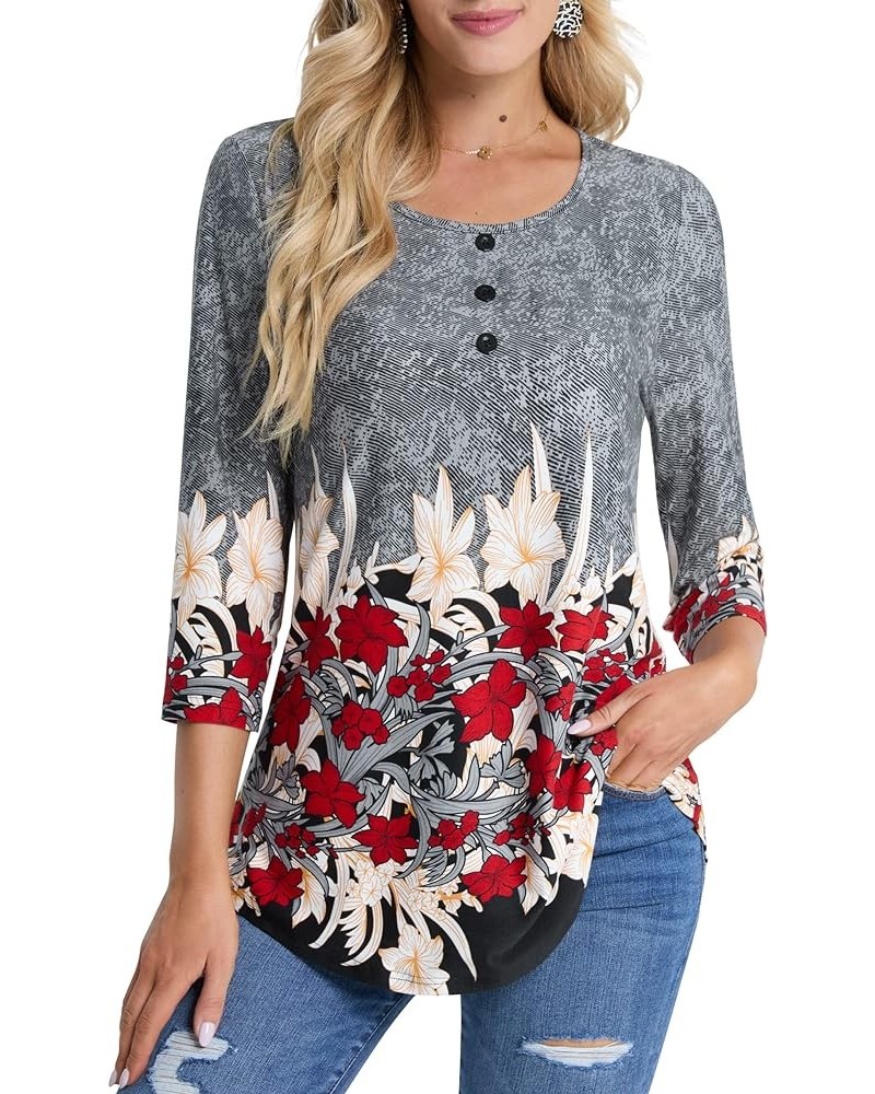 Women's 3/4 Sleeve Tunic Tops Floral Print Casual Flare Swing Blouse Buttons Up T Shirts Grey Floral $18.23 Tops