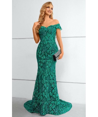 Women's Off-Shoulder Lace Applique Mermaid Formal Evening Dress Green $63.45 Dresses