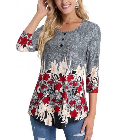 Women's 3/4 Sleeve Tunic Tops Floral Print Casual Flare Swing Blouse Buttons Up T Shirts Grey Floral $18.23 Tops