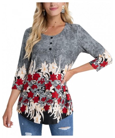 Women's 3/4 Sleeve Tunic Tops Floral Print Casual Flare Swing Blouse Buttons Up T Shirts Grey Floral $18.23 Tops