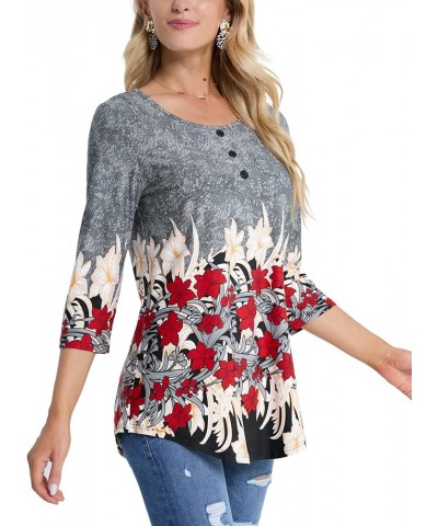 Women's 3/4 Sleeve Tunic Tops Floral Print Casual Flare Swing Blouse Buttons Up T Shirts Grey Floral $18.23 Tops