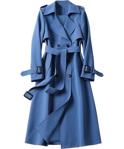 Women's Winter Mid-long Double Breasted Trench Coat Water Resistant Windbreaker Belted Lapel Overcoat XL Blue $21.92 Coats