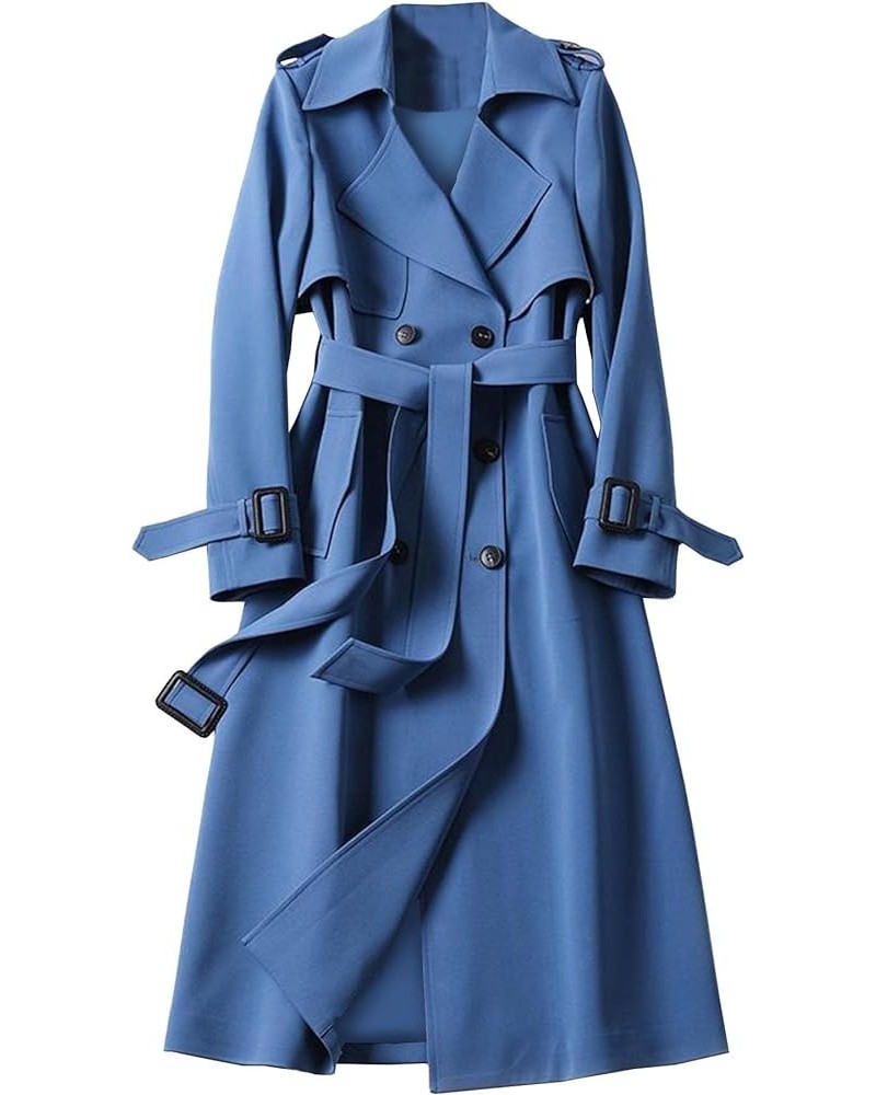 Women's Winter Mid-long Double Breasted Trench Coat Water Resistant Windbreaker Belted Lapel Overcoat XL Blue $21.92 Coats