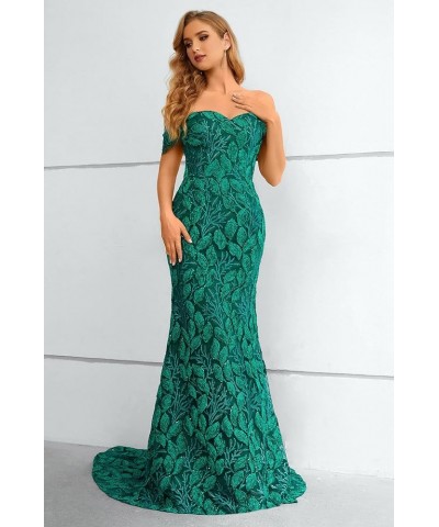 Women's Off-Shoulder Lace Applique Mermaid Formal Evening Dress Green $63.45 Dresses