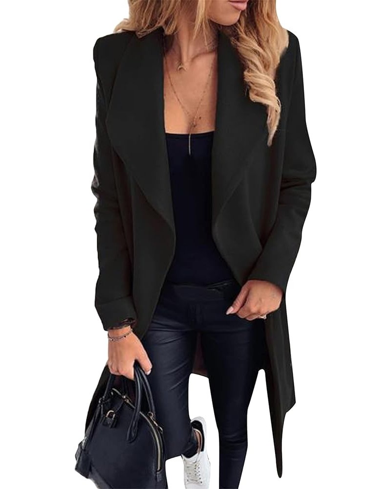 Women's Lapel Wool Blend Trench Coat Warm Solid Color Jackets Wrap Coats with Belt Black $24.07 Coats