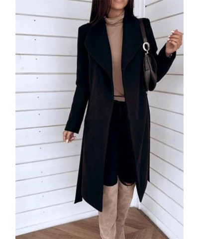 Women's Lapel Wool Blend Trench Coat Warm Solid Color Jackets Wrap Coats with Belt Black $24.07 Coats