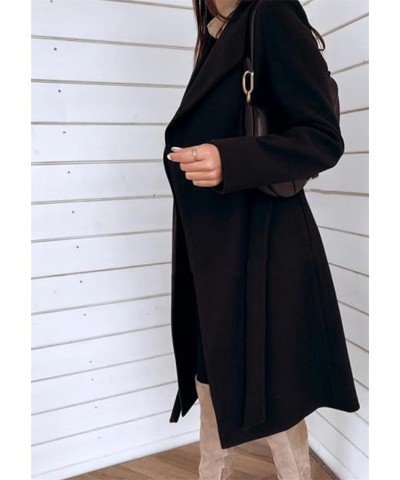 Women's Lapel Wool Blend Trench Coat Warm Solid Color Jackets Wrap Coats with Belt Black $24.07 Coats