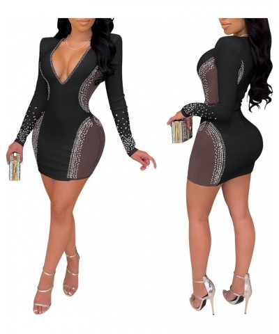 Sequin Mini Dress Birthday Dresses for Women Sexy Bodycon Rhinestone Dress Long Sleeves Hollow Out Club Dress B-black $27.49 ...