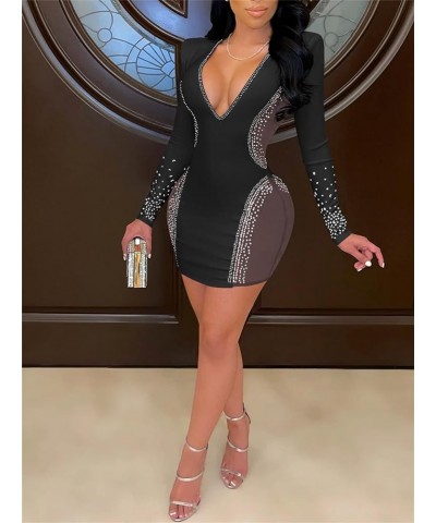 Sequin Mini Dress Birthday Dresses for Women Sexy Bodycon Rhinestone Dress Long Sleeves Hollow Out Club Dress B-black $27.49 ...