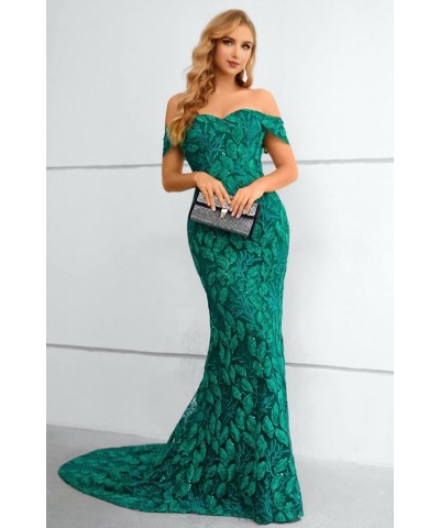 Women's Off-Shoulder Lace Applique Mermaid Formal Evening Dress Green $63.45 Dresses