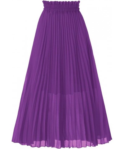 Women's Pleated A-Line High Waist Swing Flare Midi Skirt Purple $16.66 Skirts