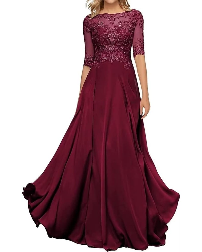 Half Sleeve Chiffon Mother of The Bride Dresses Long Boat Neck Appliques A Line Wedding Formal Dresses Burgundy $36.26 Dresses