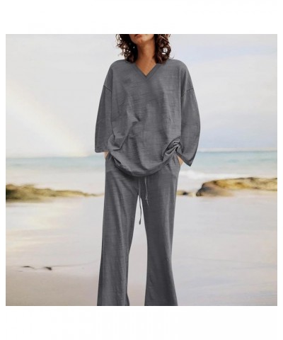 Two Piece Outfits for Women Dressy Short/Long Sleeve Cotton Linen Tops Plus Size Wide Long Leg Pants Tracksuits 05long Sleeve...